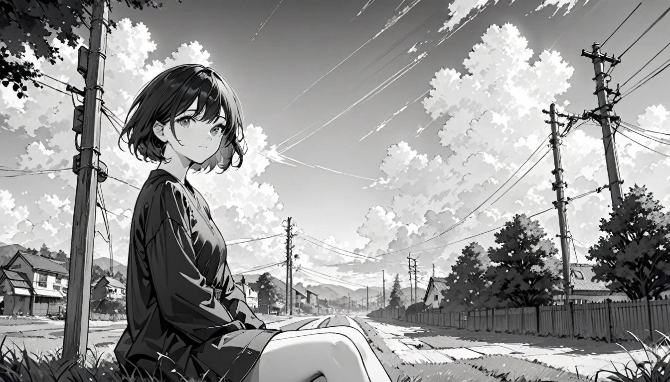 masterpiece, best quality,solo, short hair, looking at viewer, 1girl, closed mouth, upper body, abstract, bangs, monochrome ,outdoors, grass, sky, scenery, cloud, solo, sitting, power lines, tree, sunset, utility pole, shoes, cloudy sky, long sleeves, blue sky, fence, wide shot, day, building ,