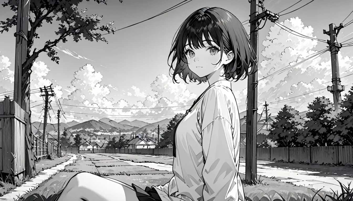 masterpiece, best quality,solo, short hair, looking at viewer, 1girl, closed mouth, upper body, abstract, bangs, monochrome ,outdoors, grass, sky, scenery, cloud, solo, sitting, power lines, tree, sunset, utility pole, shoes, cloudy sky, long sleeves, blue sky, fence, wide shot, day, building ,