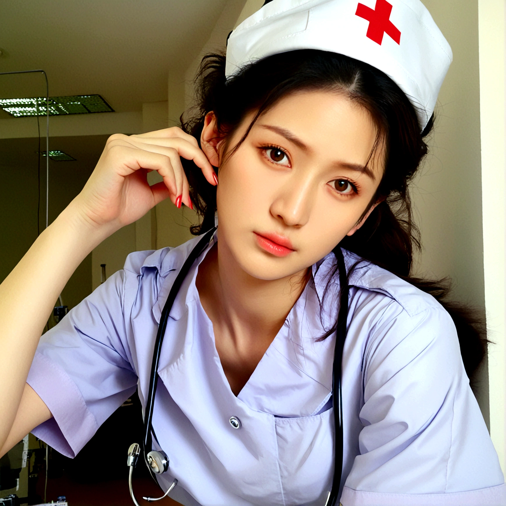 1girl, solo, looking at viewer, brown hair, black hair, 1boy, hat, brown eyes, upper body, male focus, indoors, black eyes, lips, realistic, nurse