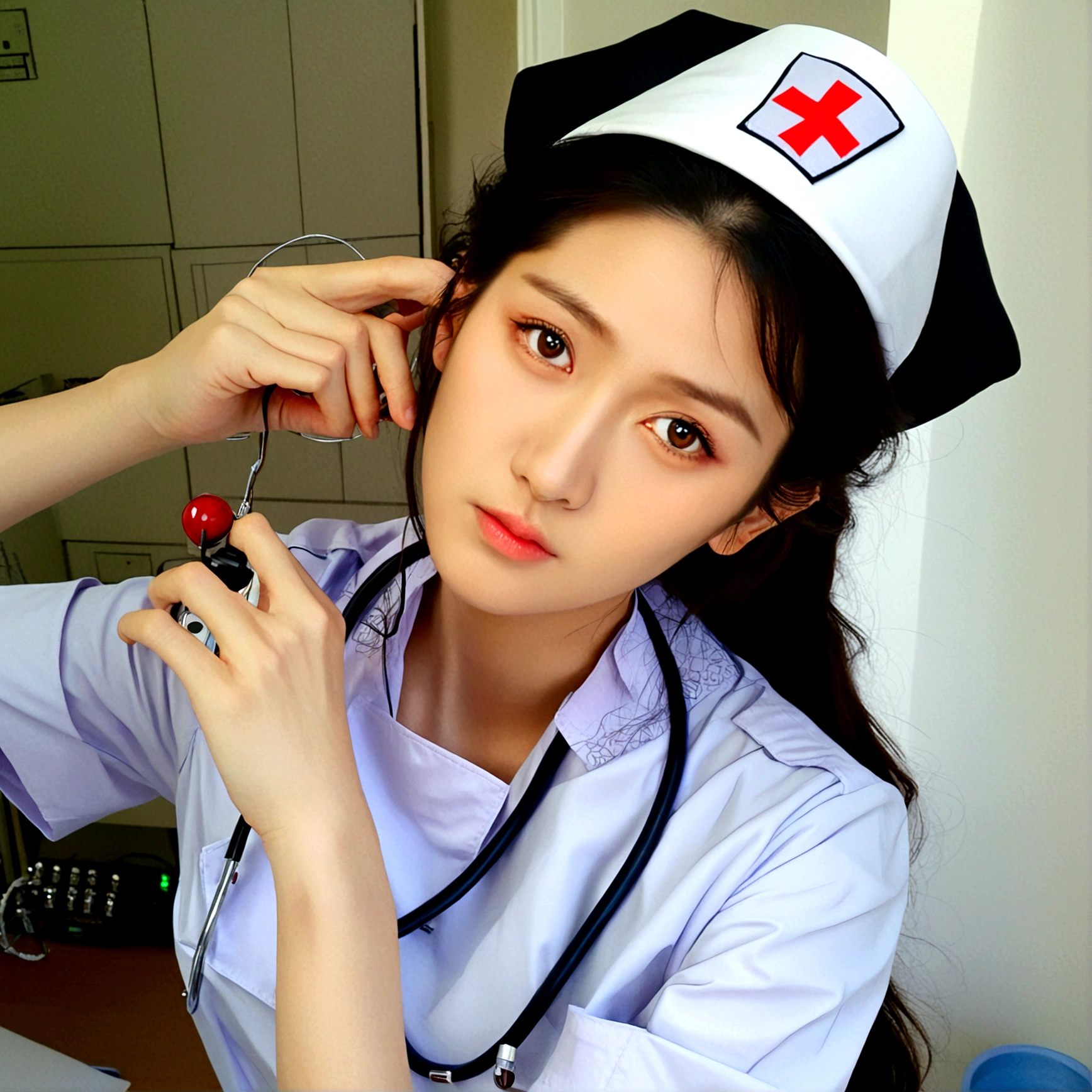 1girl, solo, looking at viewer, brown hair, black hair, 1boy, hat, brown eyes, upper body, male focus, indoors, black eyes, lips, realistic, nurse