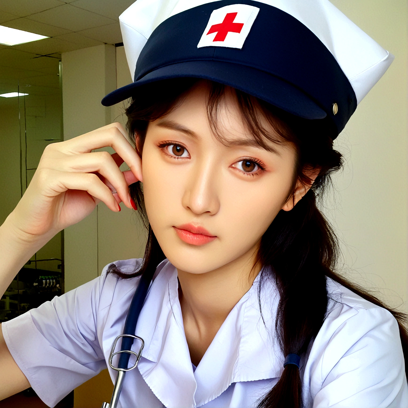 1girl, solo, looking at viewer, brown hair, black hair, 1boy, hat, brown eyes, upper body, male focus, indoors, black eyes, lips, realistic, nurse