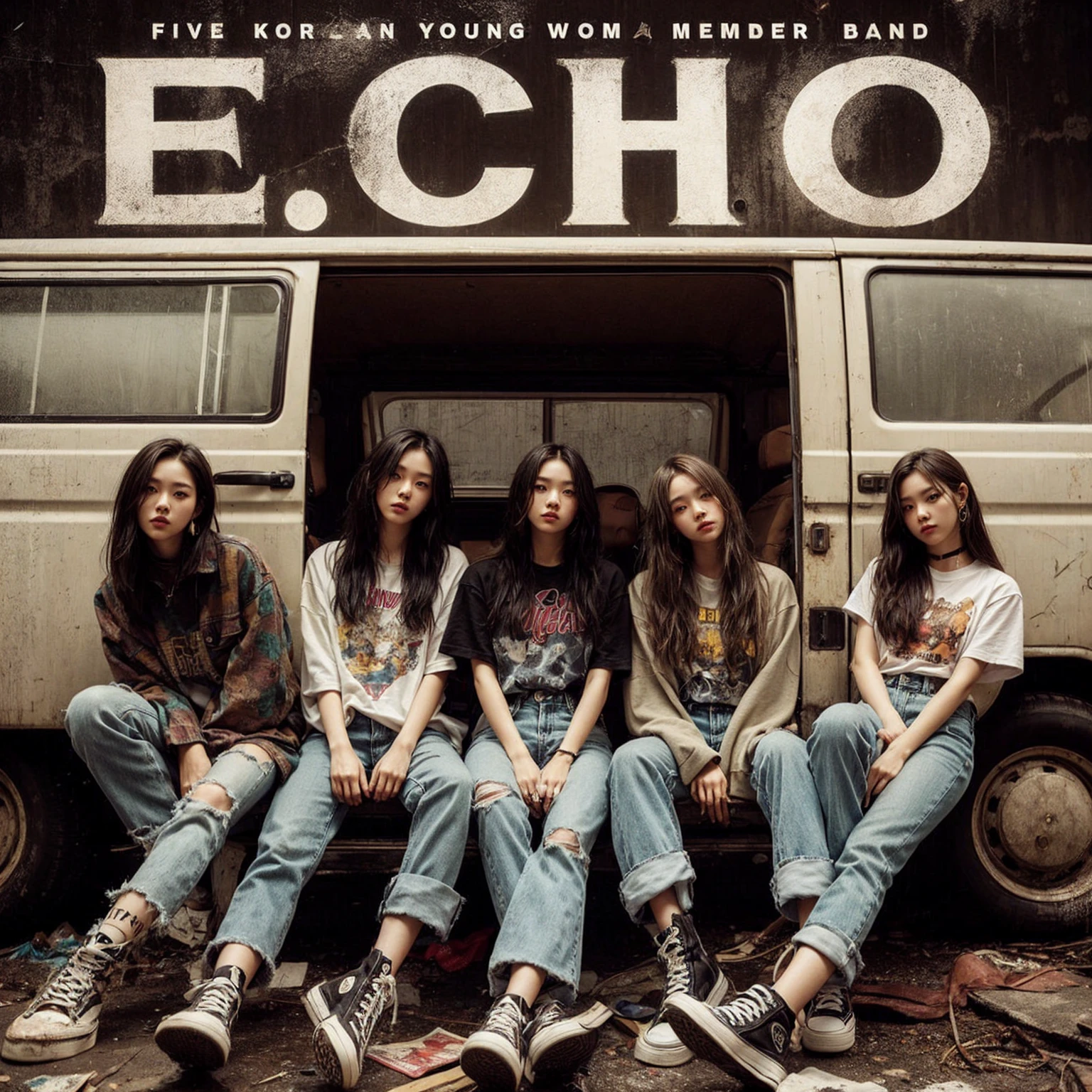 a visually striking five korean young woman member band photo in a gritty, urban setting. The band should be seated in a rugged van, evoking a raw. Emphasize a cool, laid-back attitude with casual clothing, such as graphic tees, jeans, and sneakers. Ensure the band's name, “ECHO” is prominently displayed above them in bold, distressed typography. Capture a mood that reflects the essence of early 2000s pop, combining elements of angst, realistic, masterpiece