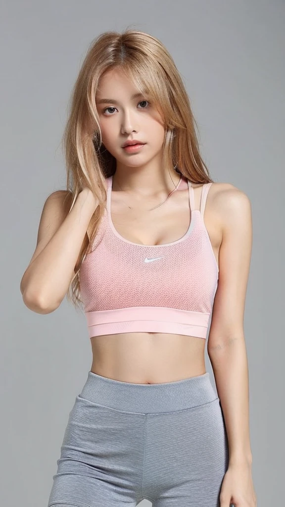 1 girl, 21 years old, blonde hair, light brown eyes, long hair, messy hair, Wear a light pink Sports Bra with a small Nike brand logo in the middle, covering the shoulders and showing the cleavage. ,Wear tight, black, long leggings. , , See clearly You can clearly see both legs. In a standing position, both hands at the side of the body, facing straight, wearing white exercise sneakers. Fitness background has exercise equipment, complete with both hands, of the best quality.,