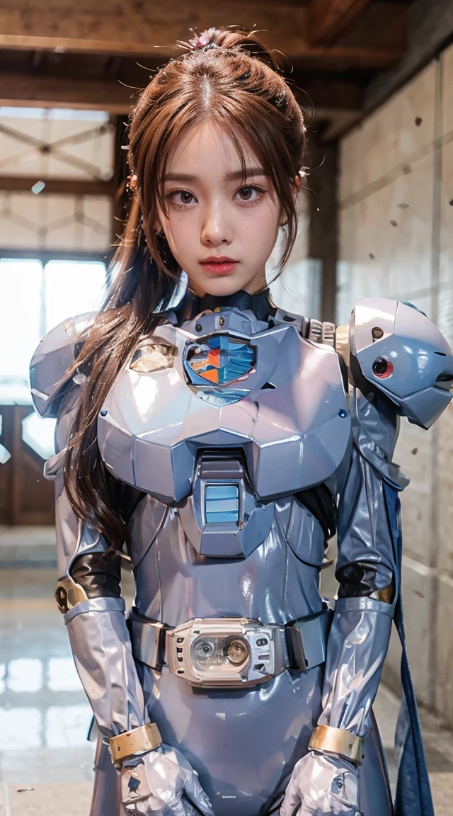 Beautiful young girl, ponytail hair, brown hair, beautiful eyes, beautiful face, raw photo, 8k, high detailed, (gundam), pale lips, white skin, textured skin, (beautiful cyborg woman), (pretty girl), mecha cyborg girl battle mode, girl with a mecha body, she wears a futuristic gundam mecha, full body shot