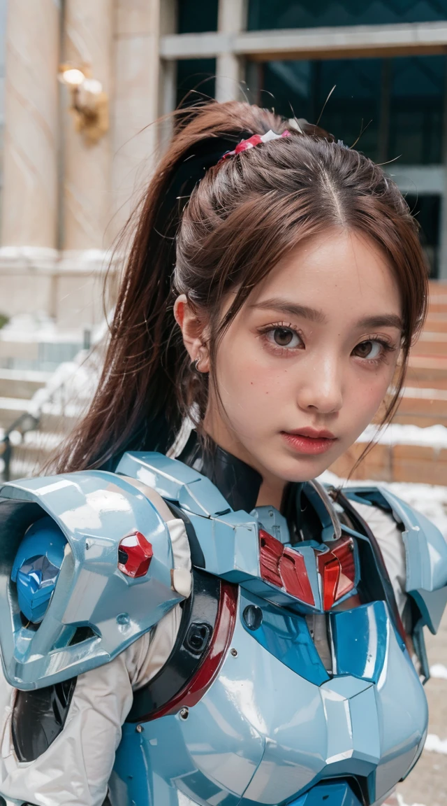 Beautiful young girl, ponytail hair, brown hair, beautiful eyes, beautiful face, raw photo, 8k, high detailed, (gundam), pale lips, white skin, textured skin, (beautiful cyborg woman), (pretty girl), mecha cyborg girl battle mode, girl with a mecha body, she wears a futuristic gundam mecha, full body shot