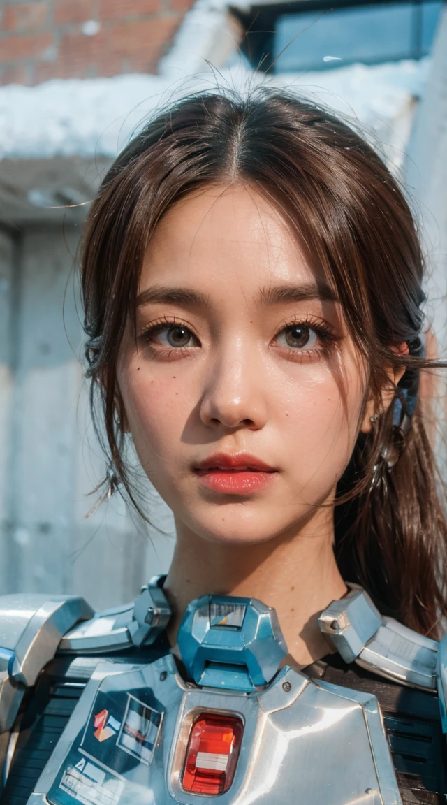 Beautiful young girl, ponytail hair, brown hair, beautiful eyes, beautiful face, raw photo, 8k, high detailed, (gundam), pale lips, white skin, textured skin, (beautiful cyborg woman), (pretty girl), mecha cyborg girl battle mode, girl with a mecha body, she wears a futuristic gundam mecha, full body shot