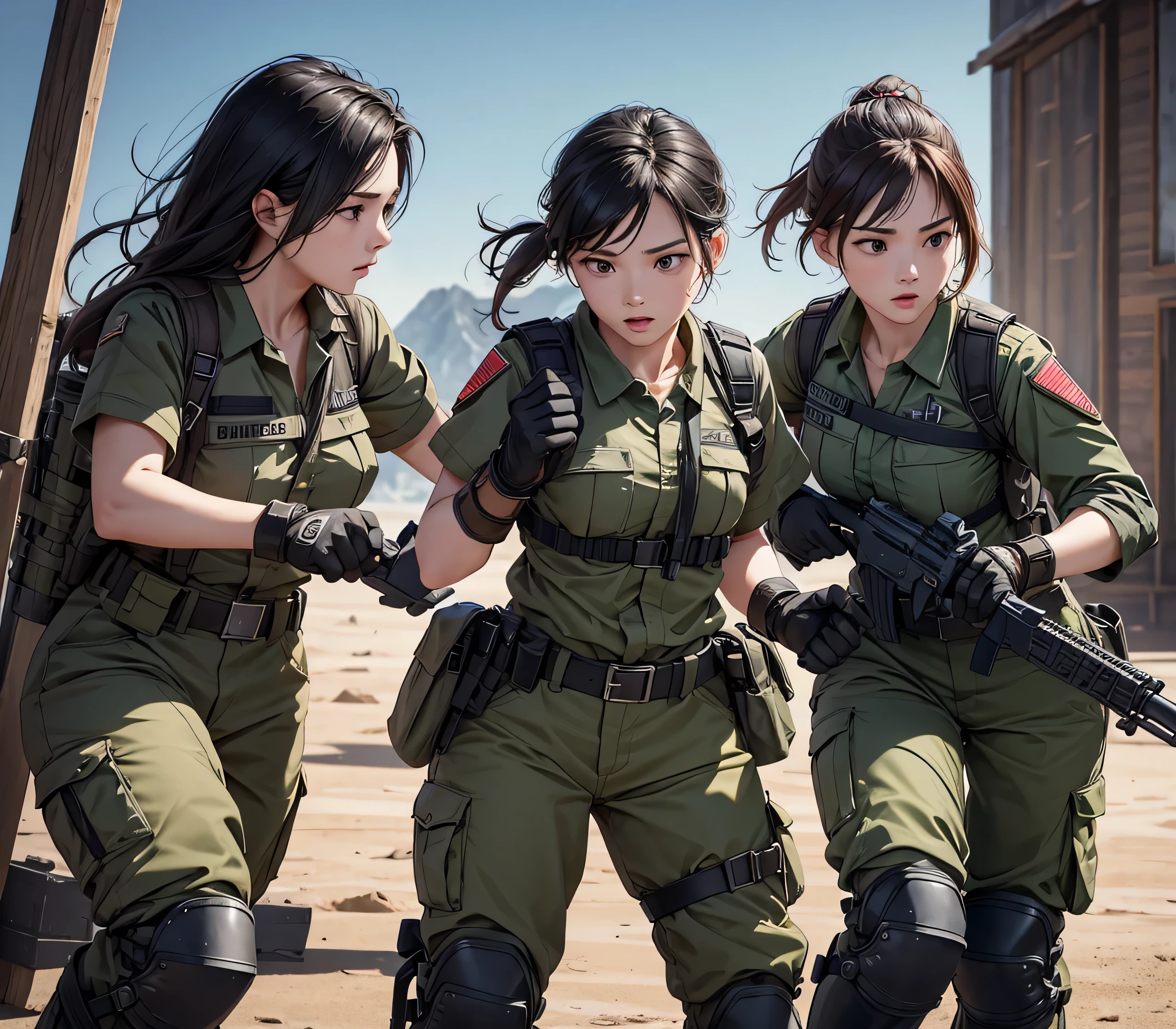 A group of female soldiers fighting with bare hands、Military short sleeves、Tactical gloves、Military Pants、belt、Knee pads、In the open space、best quality、Highly detailed CG、8K picture quality