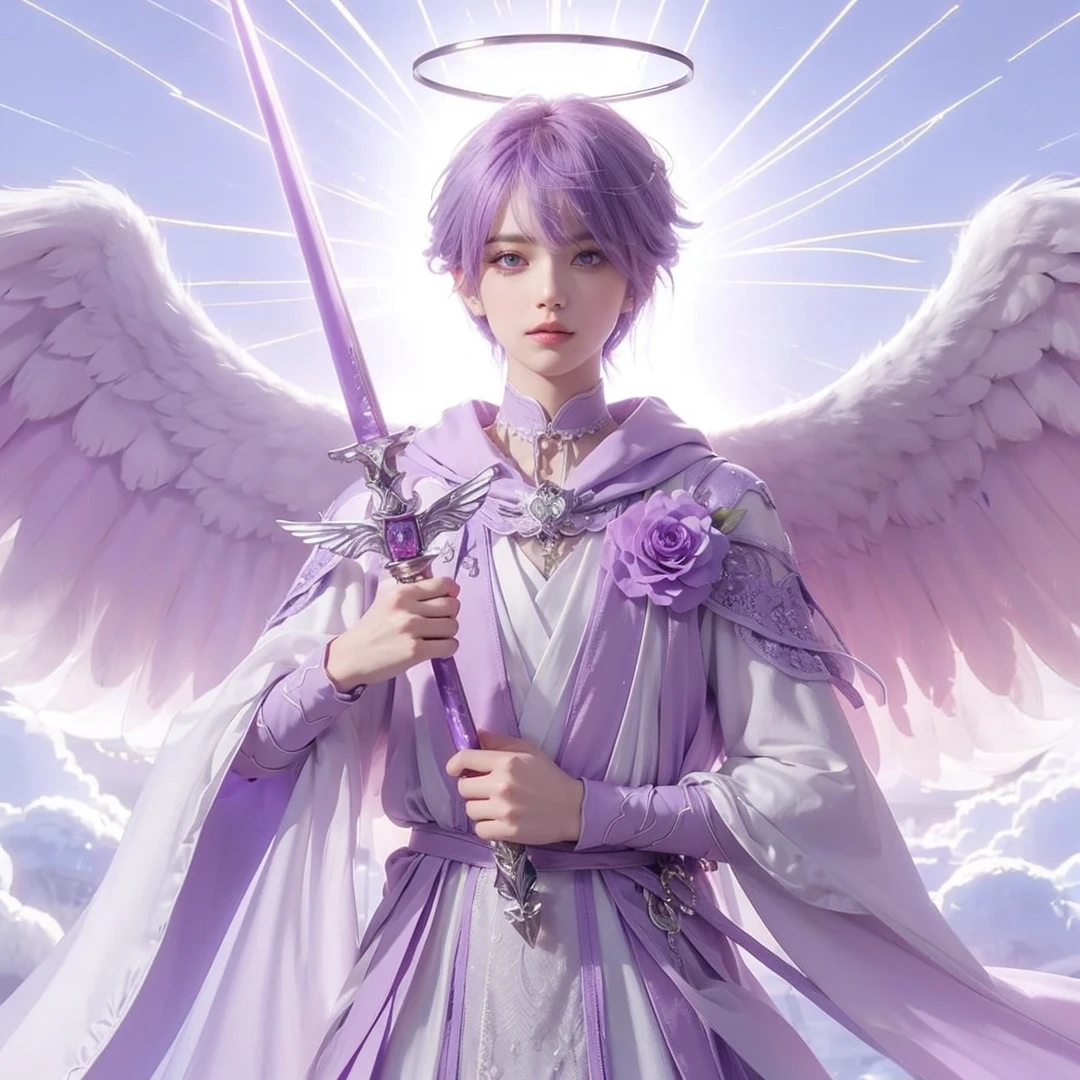 Handsome boy, purple hair, purple eyes, purple halo, purple and white suit, purple wings, holding purple sword