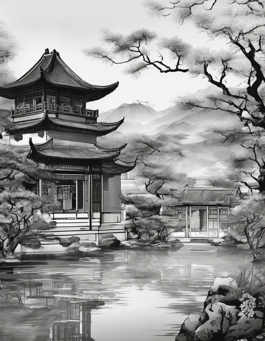 (Landscape painting and the artistic style of Chinese boundary painting）, meticulous，Chinese Ink Painting，bamboo，
，Line Art, black and white, 简单的black and white画，Chinese ancient style，beautiful Line Art, black and white漫畫風格, Comic art style,  Black and white coloring its beautiful ink Line Art，