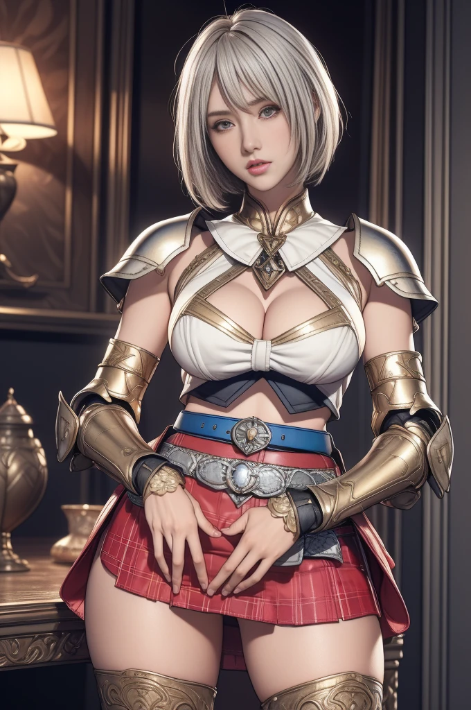 Movie Scenes, Fantasy art, Best image quality, Surreal Portraits,(8K),Ultra-realistic,最high quality ,high quality, High resolution, High quality texture,High detail, beautiful, detailed, Extremely detailed CG,Detailed texture,Realistic facial expressions, masterpiece, in front,dynamic,bold,1 Girl, Song Joo A:1.51 female, 25 years old, black hair, short hair, up bang hair, one length, Highly detailed skin,curve,,Beautiful breasts,Big Breasts, Pale skin, Pointed Chest, Erect nipples,),{Highest quality}, {とてもbeautiful}, {Super detailed}, {最高のAn illustration}, masterpiece,(((Skirt flip:1.5))),((Showing off her plaid panties)),garter belt:1.2,((Holy Knight)), Smooth breastplate, ((Platinum Armor))、((((Extremely detailed and intricately decorated armor:1.1)))),Red Cowboy Shot,smooth udder、big 、(Golden Ratio,Tabletop, Highest quality, Highest quality, Official Art, beautifully、beautiful:1.2), Very detailed, colorful,Best details,An illustration, Great scene, (Adult,19 years old,One Girl, alone, Final Fantasy 12,Asheria:1.5, Asheria:1.5, Asheria:1.5, short hair, short hair,Bobcut,Silver Hair:1.2,Asheria Costume:1.5, Asheria Costume:1.5, mini skirt,Knee socks, Thighs Thighs Thighs Thighs, gem, Blue Belt,Belt number 1),Course of action, A look of contempt ,From below,