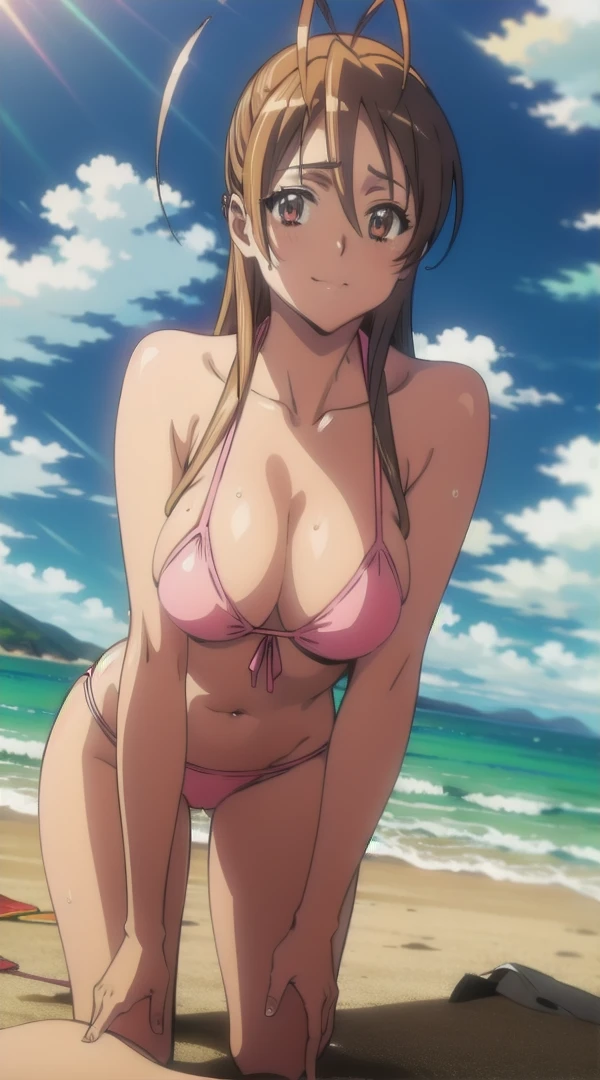 (((pixel-perfect, detail-perfect))), solo, 1girl,rei miyamoto,Smiling, looking at the viewer, blue theme, blue background, cloudy sky, sunlight, sweat, orgasmic, bikini swimsuit, large breasts, cleavage, belly button exposed, collarbone, thighs, sea ,