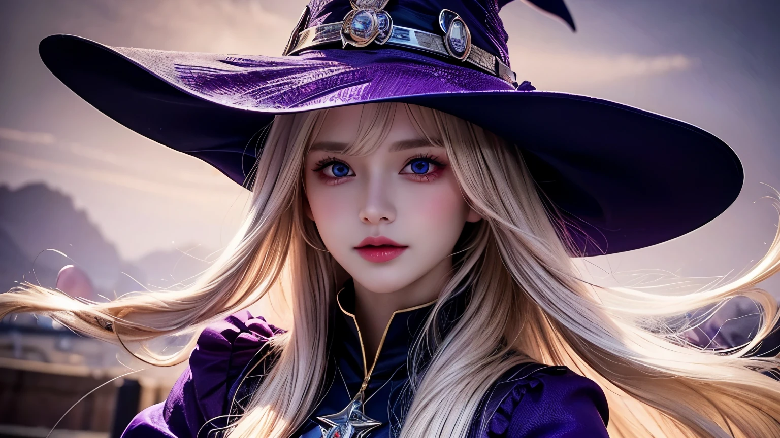 Cowboy Shot,beautiful and detailed illustration,pop art,masterpiece,best quality,ultra-detailed,soft lighting,1girl, witch, blonde hair, wielding a purple staff blasting purple energy, purple effects,light pink eyes,glossy eyes,cinematic shot,vibrant colors,gorgeous colors,dynamic action pose,