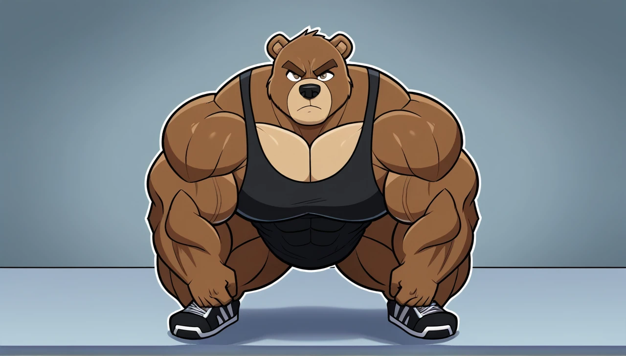 Solo, Grizzly Bear, Huge muscular bodybuilder, black tank top, black gym shoes, pumping iron, (super strong, muscular and pumped) (duo:1.1) (looking at the viewers, serious expression baby)
