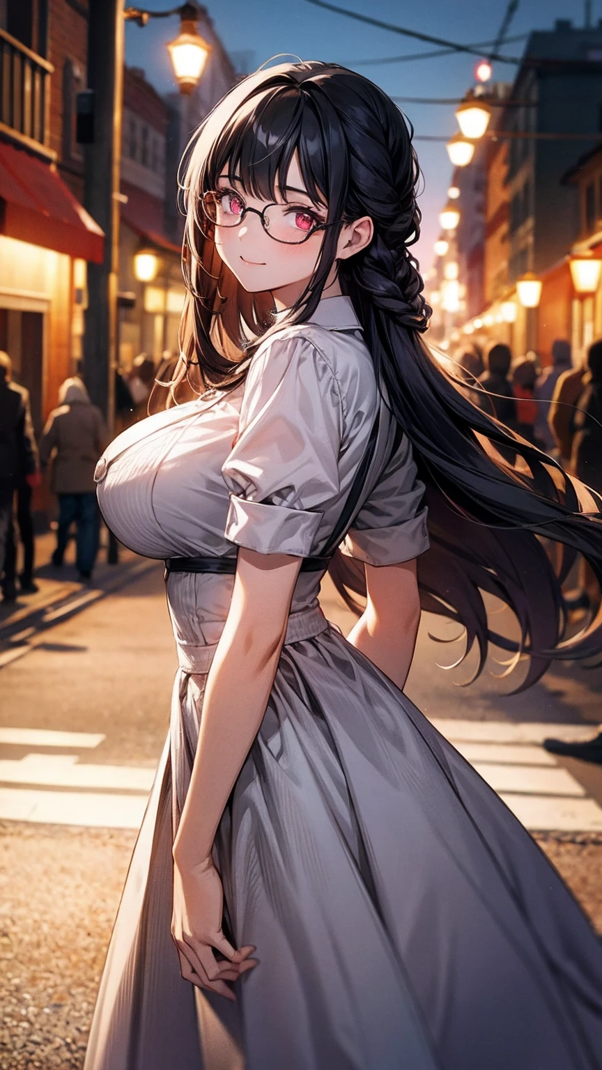 (best quality, Masterpiece), 1 girl, The sun shines, In the building, black hair, Beautiful long hair, braid, pink eyes, glasses, cute, Bright face, Good mood, big breasts, Beautiful fashion outfit for a date, shy, 1 woman, young girl, (Goosebumps:0.7), Beautiful face, (shyไลเนอร์, lipstick:0.9), nighttime, street lights, fall, 4K, 8K, UHD, HDR, detailed background, background
