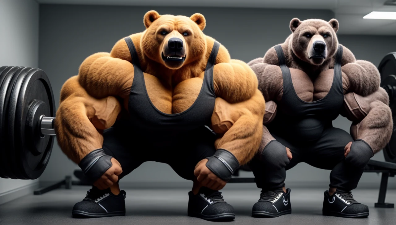 Solo, Grizzly Bear, Huge muscular bodybuilder, black tank top, black gym shoes, pumping iron, (super strong, muscular and pumped) (duo:1.1) (looking at the viewers, serious expression baby)