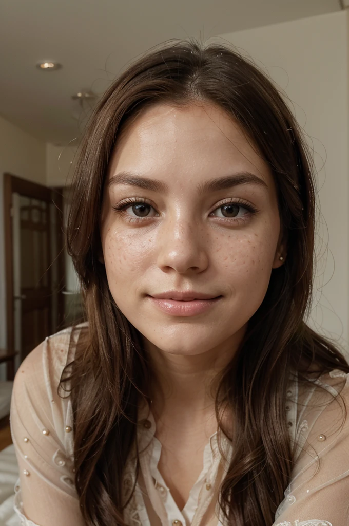 Create a highly realistic and beautiful model with the following detailed characteristics: Gender: Female, Age: Young adult (approx. 20-25), Hair: Long, wavy and reddish with a natural shine, cascading gently around shoulders and back, Eyes: Bright green with a captivating, slightly almond-shaped look, detailed with natural light reflections, Skin: Fair complexion with light texture, including natural freckles on nose and cheeks, giving a youthful, vibrant appearance: Fair complexion with a light texture, including natural freckles on the nose and cheeks, giving a youthful, lively appearance, Face: with a smooth, natural contour, soft, full lips with a slight pink tinge, and a delicate, slightly upturned nose, Expression: a soft, friendly smile, with a hint of mischief, conveying warmth and approachability, Attire: Light, semi-sheer blouse with lace detailing, slightly low-cut but tasteful, button-front, showing off the delicate fabric and subtle embroidery, Background: Interior setting with soft, natural lighting, minimalist and slightly blurred to keep the focus on the model, such as a comfortable, well-lit room with neutral tones, Pose: Directly facing the camera, in a relaxed, confident posture, with arms slightly at her sides, or with her face facing the camera. 
disposable photography of a beautiful girl, sitting on flower bed, 8k, photo realism