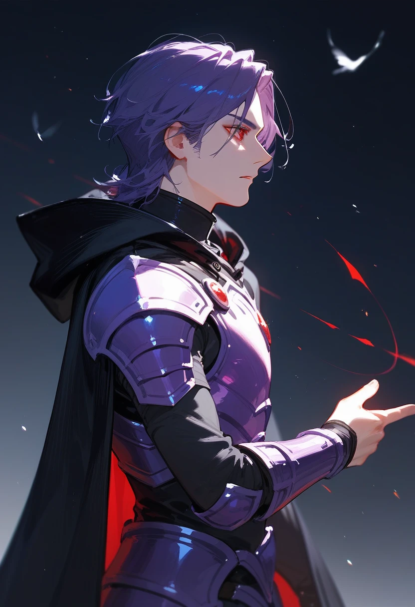 Man in black cloak, cloak fluttering, side view, red eyes, raven armor