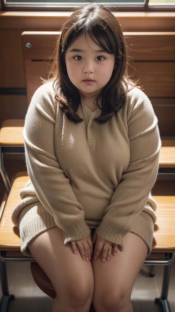 a 10 year old obese girl, chubby cheeks, round face, double chin, thick arms and legs, wearing a , sit in a school setting, realistic, detailed, highly detailed, intricate details, photorealistic, 8k, masterpiece, cinematic lighting, dramatic shadows, vibrant colors