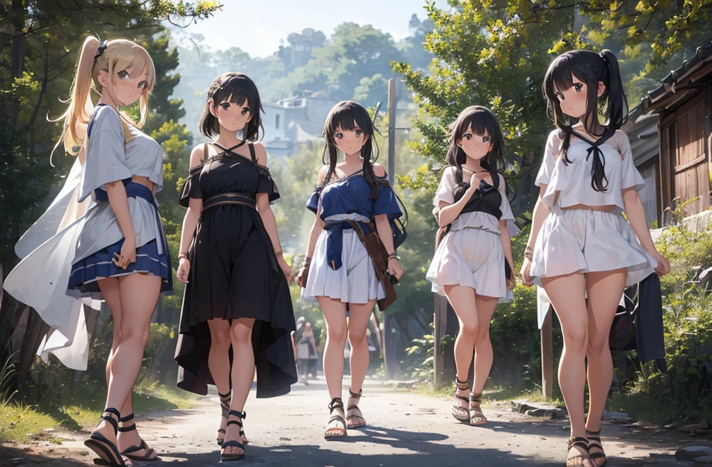 young greek warriors girls in togas , only girls , forest in the background , sandals , sexy , multiple girls , five girls