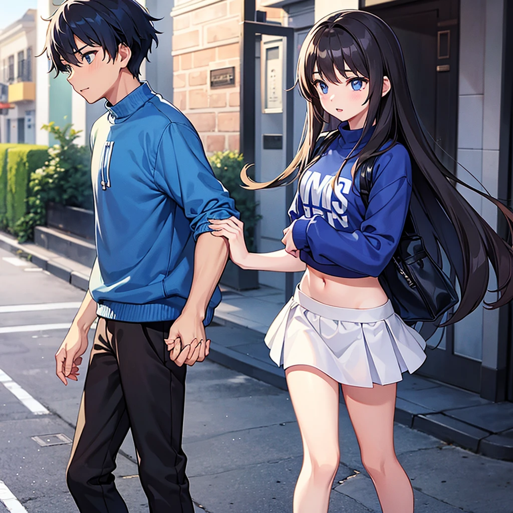 17 year old boy in a blue sweatshirt walking down the street holding hands with a 16 year old girl in a crop top