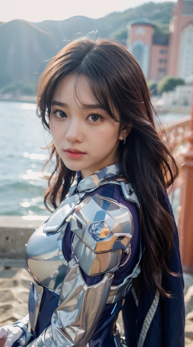 (RAW photo:1.2), (photorealistic:1.4),(masterpiece:1.3),(best quality:1.4),ultra high res,HDR,8k, (extreme detailed illustration), 1 girl, detailed beautiful face, young girl, long curl hair,smile,solo, look at viewer,clear background, on the beach, depth of field, natural lighting,(see-through silhouette),ulzzang-6500-v1.1:0.7, powerranger, suit, spd, (silver royal guard ranger suit), gold detail