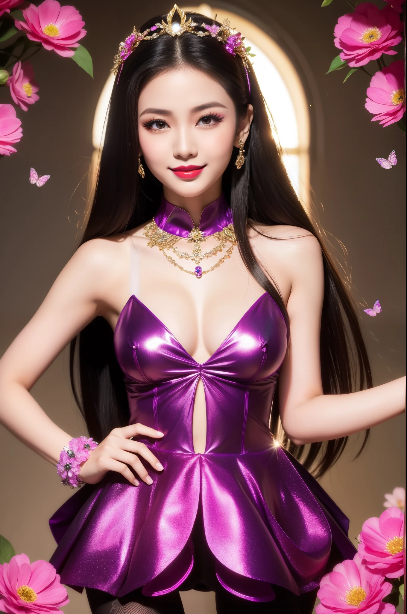 sexy Thai model who controls poison、beautiful smile、lip-gloss、bold lipstick、intense makeup、look at the camera、full body Esbian、、sparkling poisoned flower costume、、、、sparkling Colorful hair、secrete poison、skull hair accessories、sexy tights、shiny sparkling flowers background