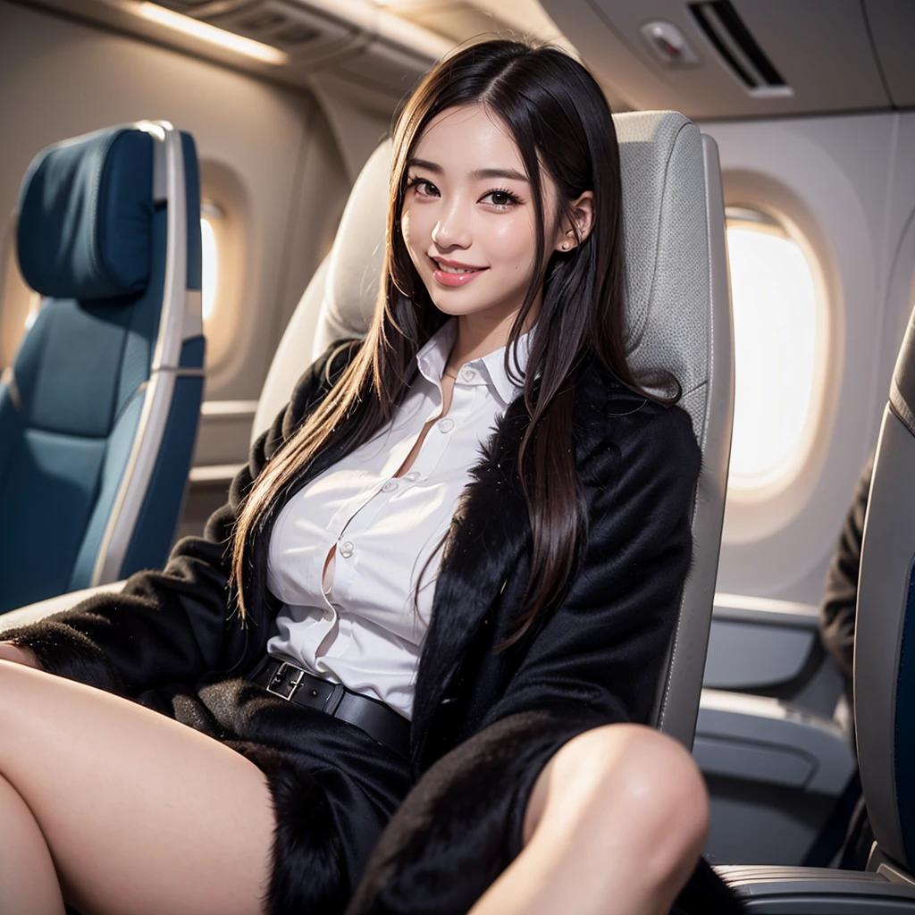 young girl 32 years old, flight attendant, sitting in the airplane seat, dressed in uniform, smiling, posing, 8k, maximum quality, maximum resolution, black fur, y, neckline, Free hair, very thin, pied, without jacket