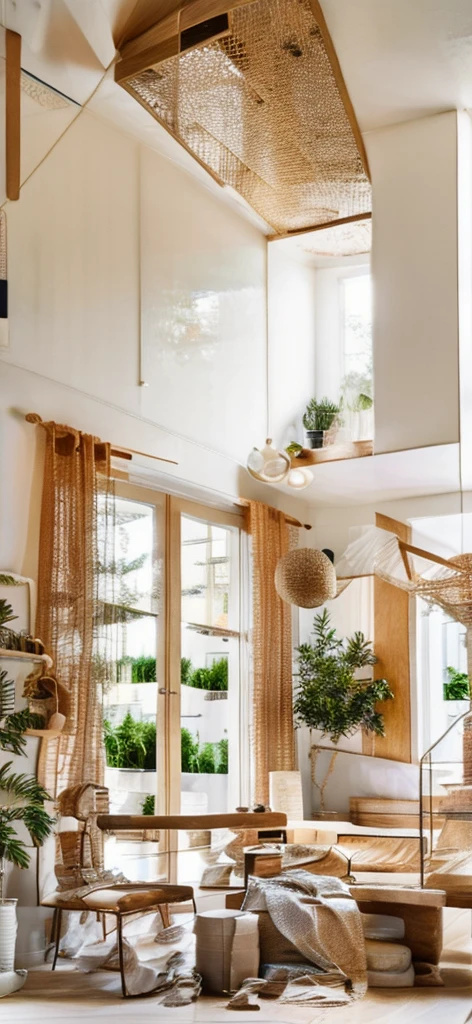 a beautiful, detailed, photorealistic interior of a sophisticated minimalist living room, with a wooden table surrounded by chairs, a small potted plant on the table, white curtains, and perfect lighting