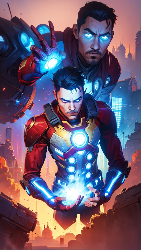 Iron Man, urban Comics, blue ornaments, Marvel, sci fi, highly technology, iconographic, glitch background, , watercolor, ink, mist, interactive image, highly detailed, art style by Clayton Crain + Ross Tran + Rachel Walpole + Jeszika Le Vye + Dan Volbert + Simon Stalenhag + Brian Stelfreeze