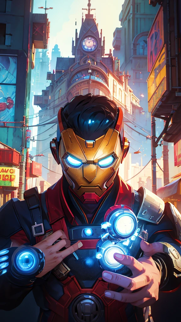 Iron Man, urban Comics, blue ornaments, Marvel, sci fi, highly technology, iconographic, glitch background, , watercolor, ink, mist, interactive image, highly detailed, art style by Clayton Crain + Ross Tran + Rachel Walpole + Jeszika Le Vye + Dan Volbert + Simon Stalenhag + Brian Stelfreeze