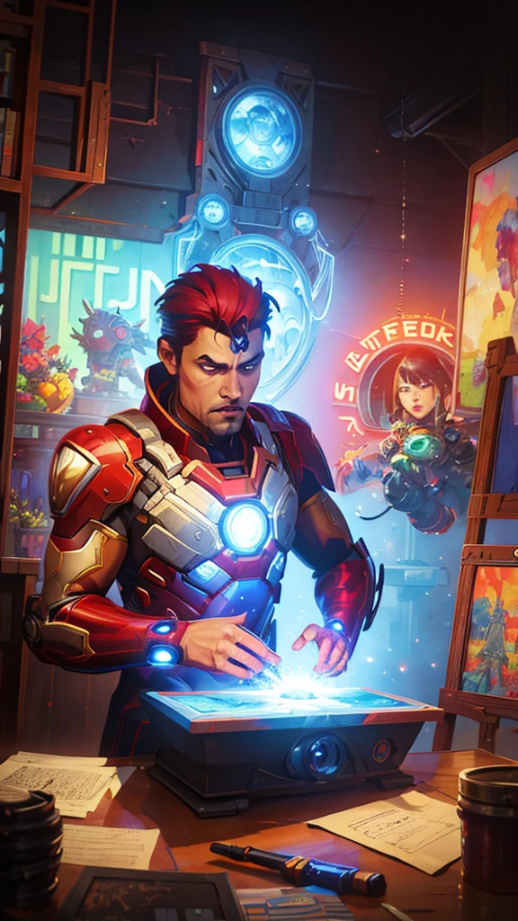Iron Man, urban Comics, blue ornaments, Marvel, sci fi, highly technology, iconographic, glitch background, , watercolor, ink, mist, interactive image, highly detailed, art style by Clayton Crain + Ross Tran + Rachel Walpole + Jeszika Le Vye + Dan Volbert + Simon Stalenhag + Brian Stelfreeze