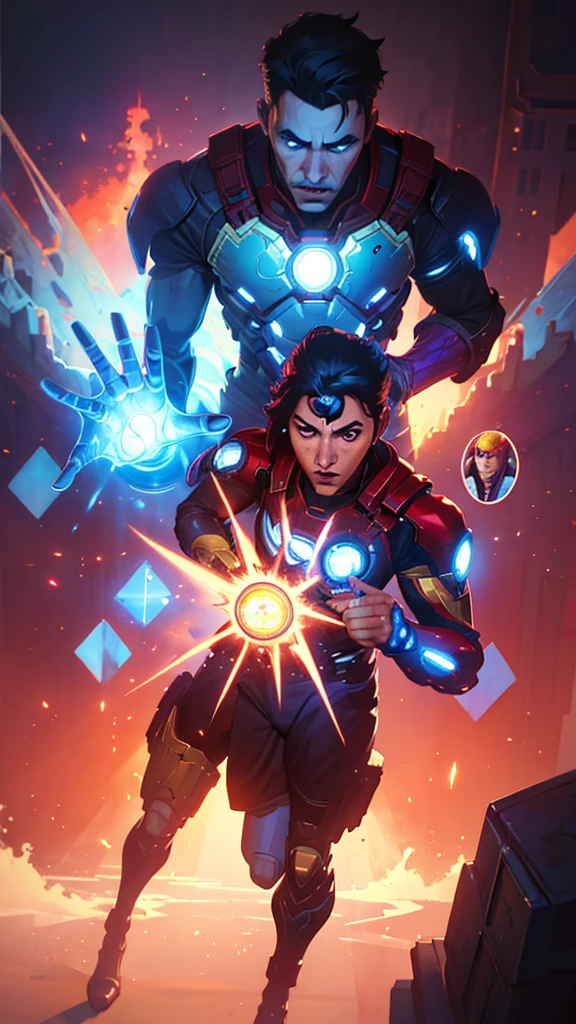 Iron Man, urban Comics, blue ornaments, Marvel, sci fi, highly technology, iconographic, glitch background, , watercolor, ink, mist, interactive image, highly detailed, art style by Clayton Crain + Ross Tran + Rachel Walpole + Jeszika Le Vye + Dan Volbert + Simon Stalenhag + Brian Stelfreeze