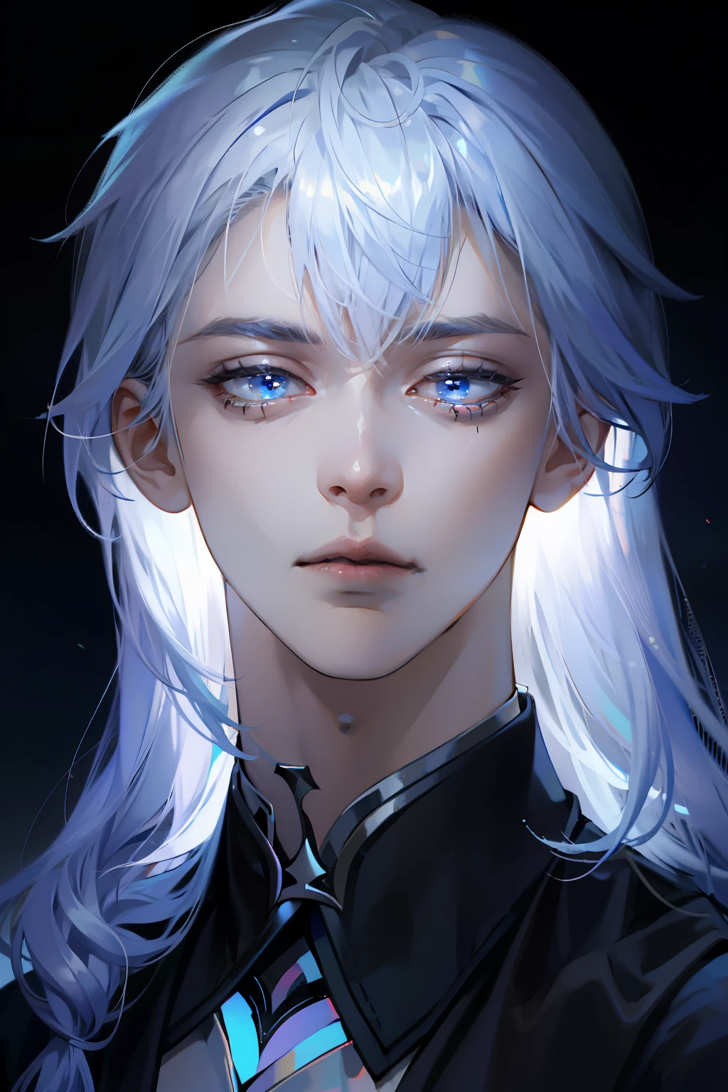 Boy, silver hair, blue eyes, serious sharp features, white skin, shiny lips, handsome, perfect, uniform