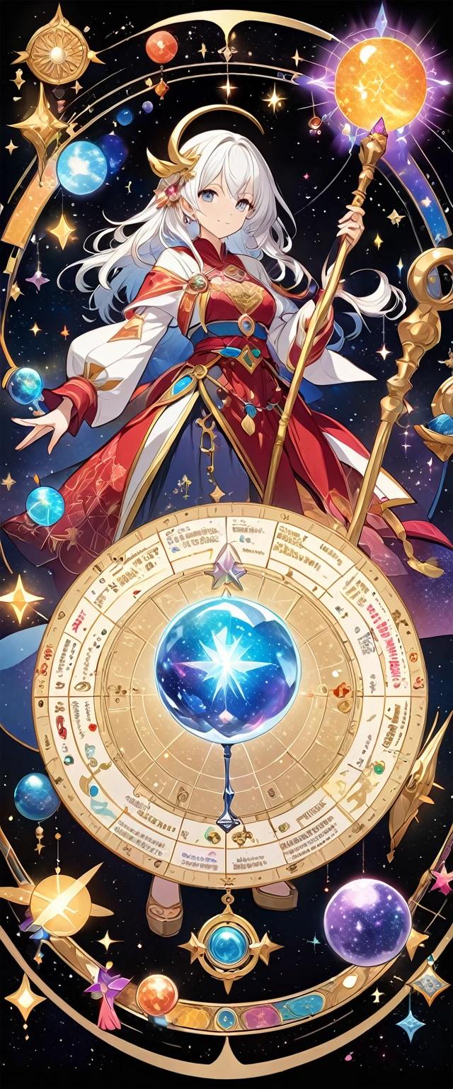 Beautiful Celestial Astrologer, Detailed key animation art, Official Anime Artwork,Girl with white hair holding crystal ball and staff, cosmic astrology girl, Black background with astrological chart and colorful bright stars.