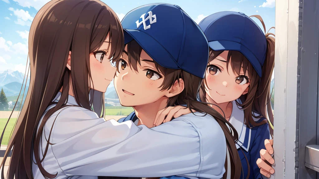 One Girl, One boy,Looking at each other,Embrace,smile,blue sky,high school student,Wear a baseball cap,Girls have long hair,Brown Hair,Soft Light,Brown eyes,瞳にSoft Light,cute,2 people,Girl winks,uniform,At the Alps stand,