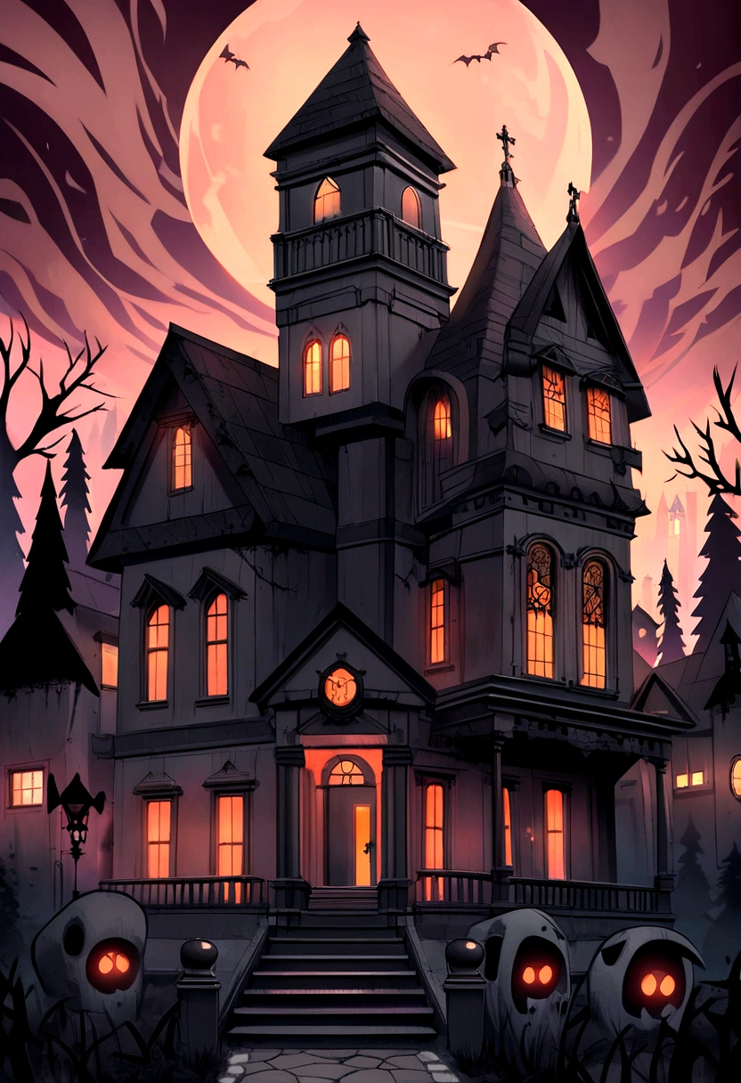 hut house with spooky roof and spooky cemetery, Scary mansion, Gothic mansion, haunted gothic hotel, background art, inspired by Andreas Rocha, ultra detailed haunted house, haunted house, highly detailed mysterious, haunted house themed, Victorian mansion, Casa Vitoriana, stefan koidl inspired, Lt. Tomasz Jedruszko