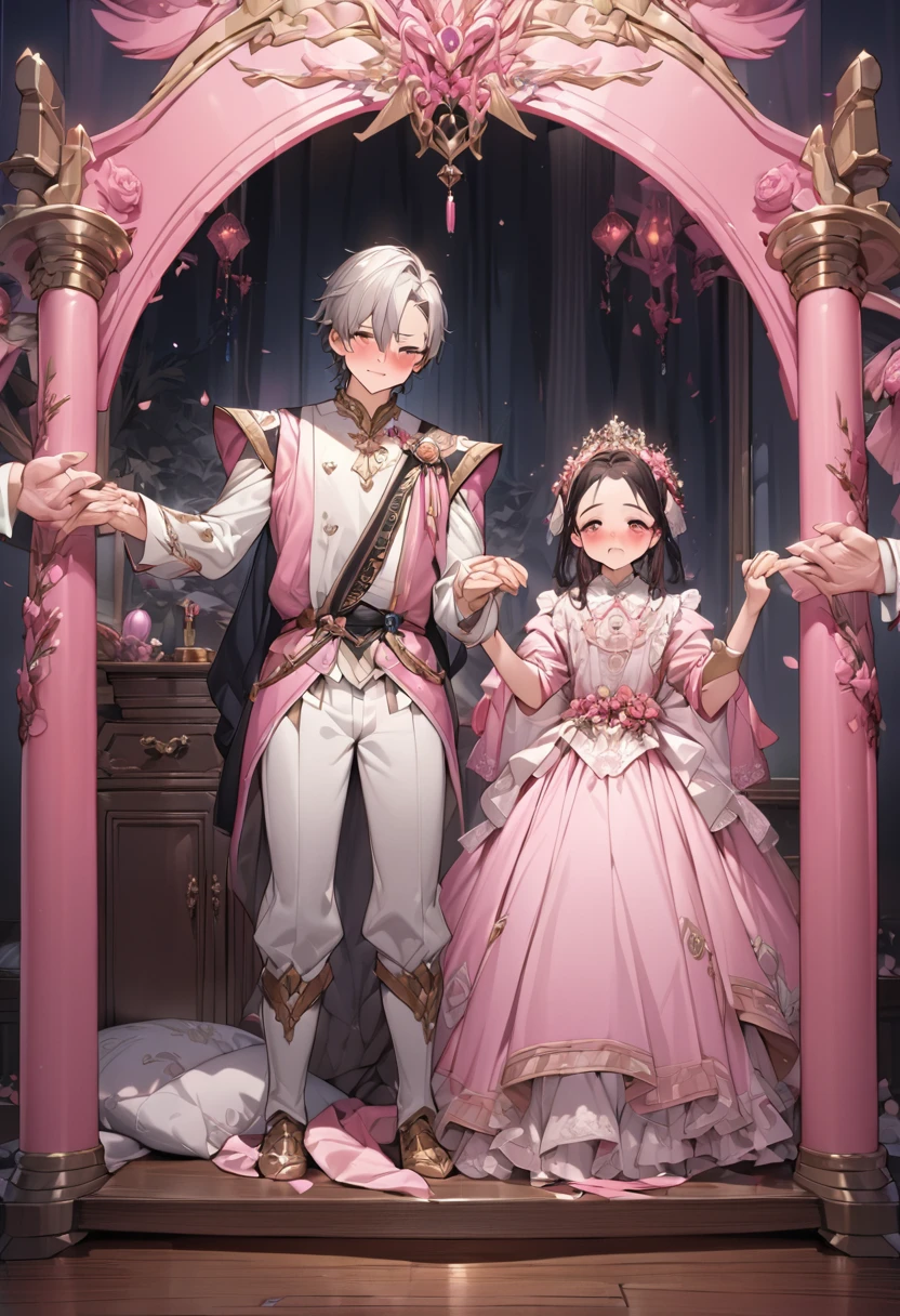 Young and naive man,(Highest quality,Extremely detailed depiction,Incredibly absurd high resolution,Anatomically accurate depiction,Two lovely hands, Five perfect fingers),(Prince in noble clothes),blush embarrassed,whole body,background:Bedroom at night,Pink Light