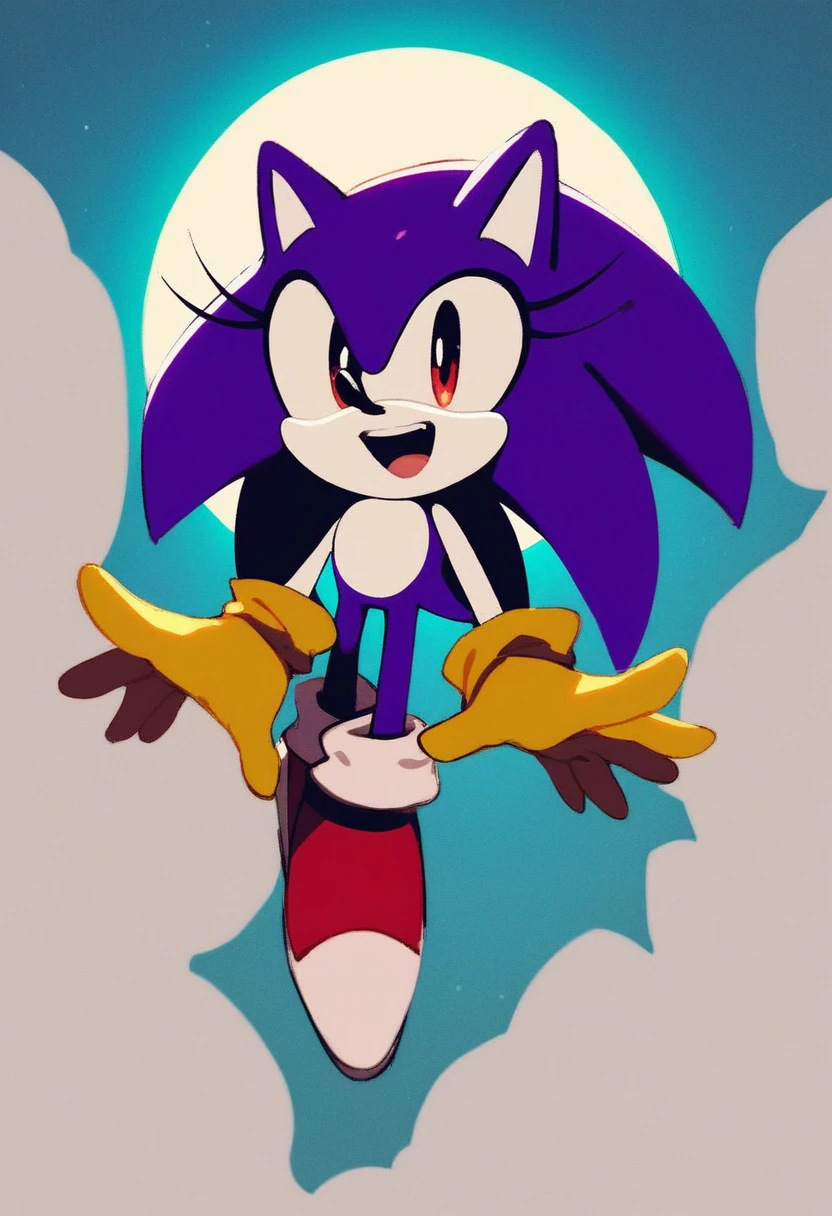 needlemouse, solo, smile, open mouth, completely black mouth 1girl, female focus, sky, no humans, night, moon, furry female, flat color, sonic the hedgehog, two-tone fur, no outlines, yellow gloves, source, purple fur, white skin, completely black eyes, red pupils, blue-ish purple fur, full body