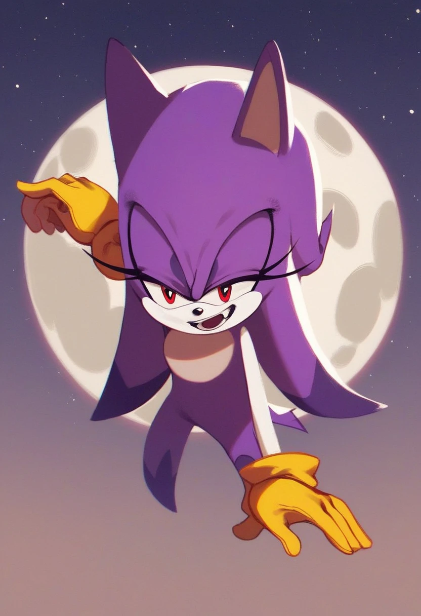 needlemouse, solo, smile, open mouth, completely black mouth 1girl, female focus, sky, no humans, night, moon, furry female, flat color, sonic the hedgehog, two-tone fur, no outlines, yellow gloves, source, purple fur, white skin, completely black eyes, red pupils, blue-ish purple fur, full body