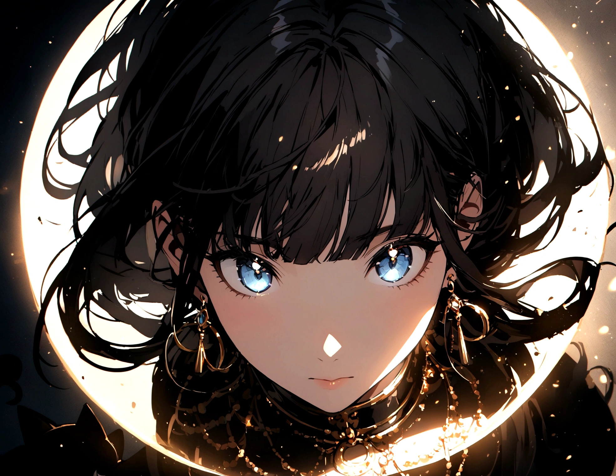 cleopatra portrait, holding black cat, face illuminated from above, 4K, light background, jewelly, short black hair