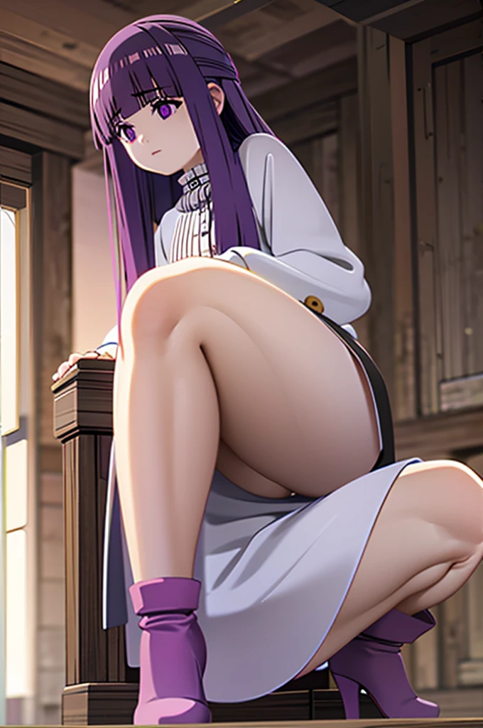 (detailed pink panties,brocade),1girl,solo,fern,fern_clothes,purple hair, black robe,white clothes,sitting chair,sit with your heels on the ground,hold your knees with both hands,spread legs,open legs,squating,(((spread legs))),(((straight-on))),nsfw,masterpiece,best quality,highres,8k