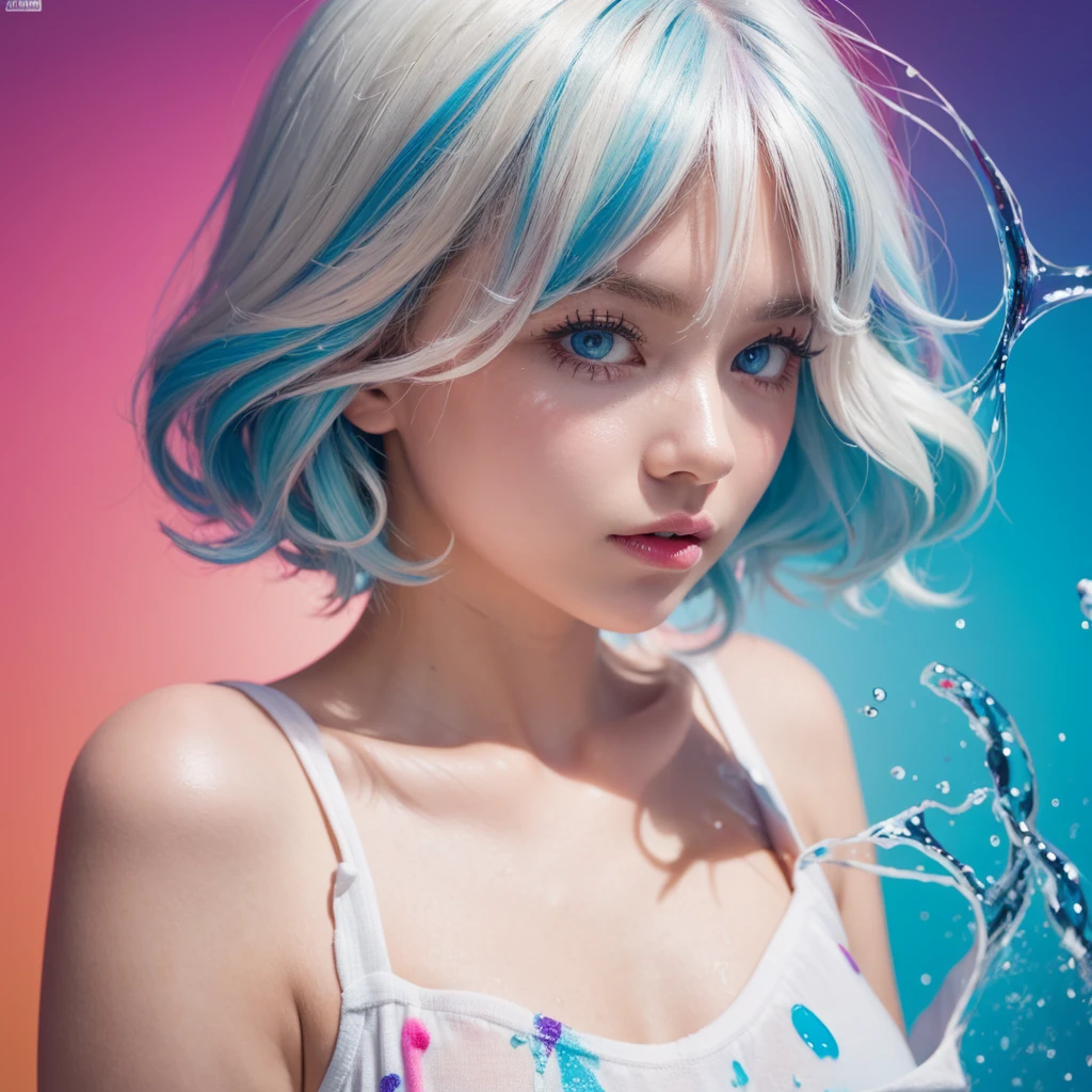 （masterpiece、best quality、high resolution），（Colorful background，（splash of conk splatter，splash of color）），Sweet girl，light blueshort hair，short hair，[light blue|pink]hair，curls，blue eyes，flash，pink lips，（Splash color，（white shirt），front，Whole BodyEsbian:0.6，Volumetric lighting，splash of color，Color explosion，Surrounded by colorful splashes