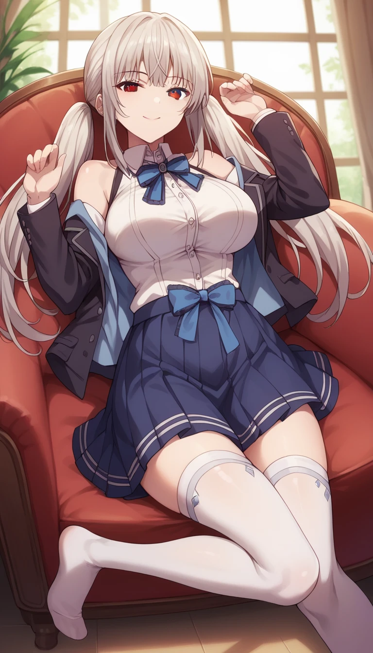 1girl, solo, full length, long hair, twintails, large breasts, looking at viewer, legs, hand, bangs, smile, heterochromia, red eyes, blue eyes, lying, arrogant smile, legs, stockings, indoors, black blazer, white shirt, shirt under jacket, blue skirt, short skirt, pleated skirt,  white stockings, shoulders, hands up, large breasts, low twintails, best quality, detailed, 