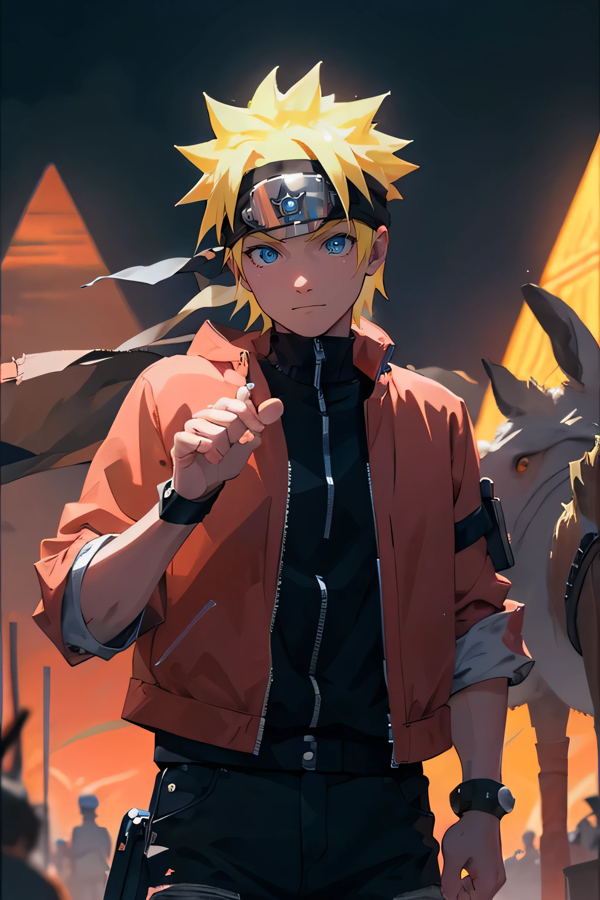 portrait, neon, 1 boy, shonen style, spiky blonde hair, scratches on cheeks, black and red clothing, leather jacket, jeans, boots, bandana, cool, blue eyes, full body, color --name Naruto Uzumaki --desert background with pyramids and camels