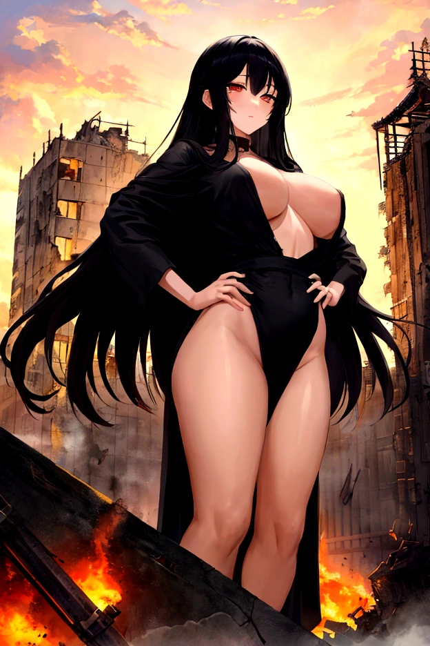 masterpiece、Highest quality、Beauty、beautiful身体、simple、beautiful、Anime illustration、Draw a woman in a big way、Completely naked、Large Breasts、Giantess、Hall々Stand with、Hands on hips、giantess、Black Hair、Long Hair、Low - Angle、Destroyed small town、Destroyed Tokyo、City in Ruins、Smoke is rising、The fugitive々、Destructive illustration