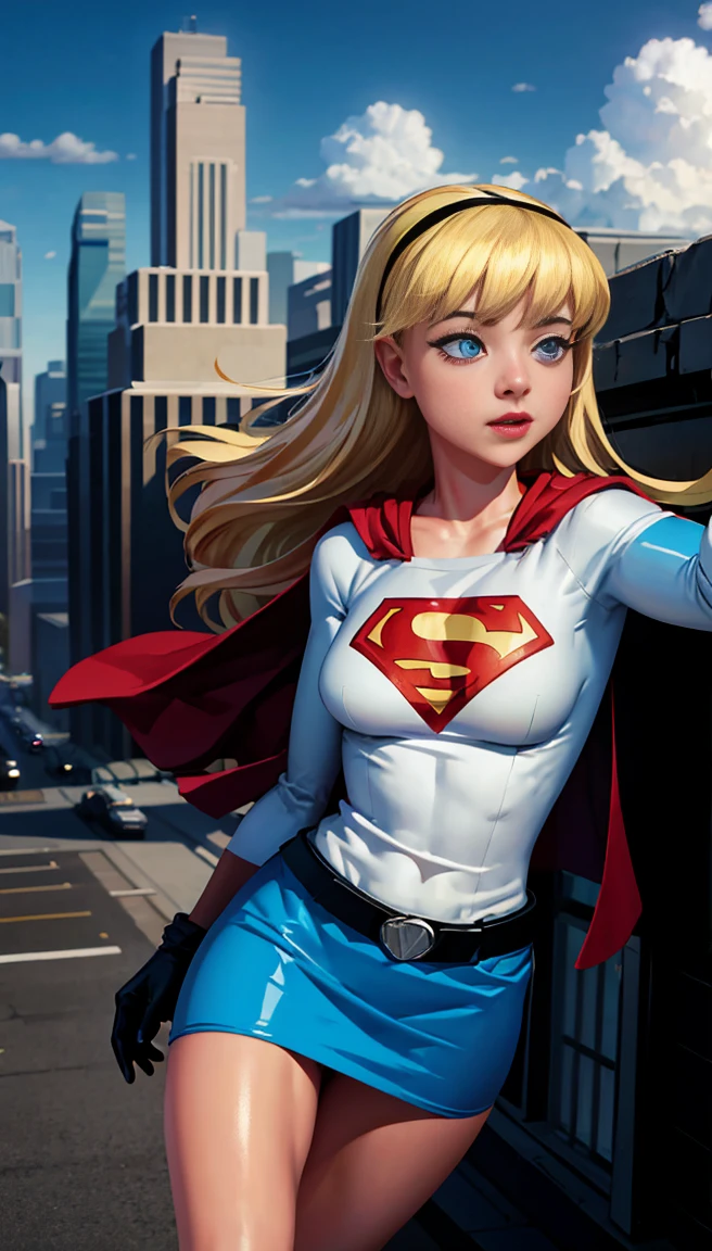 (cowboy shot), sfw, (work of art), (best qualityer:1.0), (ultra high resolution:1.0), detailedeyes,
BREAK Supergirl, 1 girl, long blonde hair, mid-air, flying hair band, \(offwhite\) top cut, manga curta, layer, blue pencil skirt, mitts, BREAK boots
(clouds, citys, stunning vista)