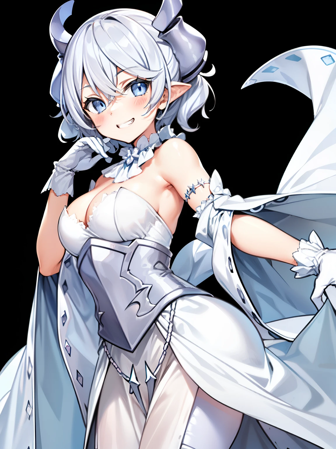 (:1.2), 1 Girl, Silver Short Hair, Silvery horns,  White Dress, White Cape, bulging sleeves, White Gloves, White Stockings, Silver Corset, White long skirt, 

smile、Grin、blush、

Black Background、Simple Background、

Depth of written boundary、
((Highest quality, High resolution, Perfect Pixel, 4K)), (1 girl), (Beautiful Anime Girls), Watching the audience, Perfect body, Detailed eyes、