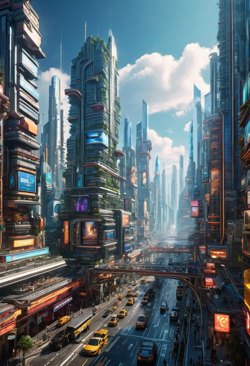 a futuristic city in hot weather, ultrarealistic, 8k, high resolution, intricate details, hyper detailed, photorealistic, cinematic lighting, dramatic sky, towering skyscrapers, hovering vehicles, neon lights, humid atmosphere, glistening surfaces, glowing billboards, advanced architecture, bustling crowds, vibrant colors, natural lighting, steam vents, intricate textures, depth of field, impeccable rendering, seamless composition