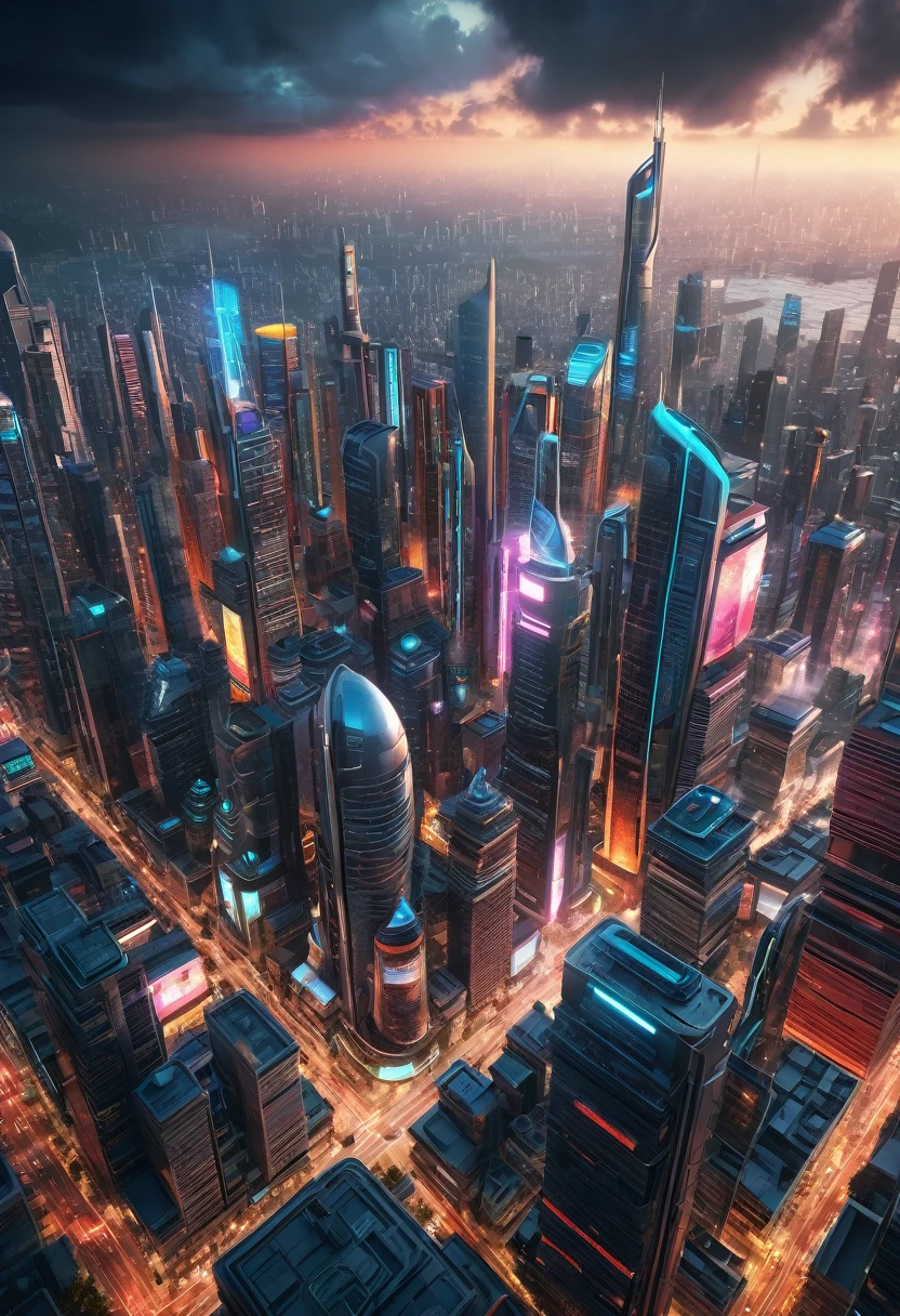 a futuristic city in hot weather, ultrarealistic, 8k, high resolution, intricate details, hyper detailed, photorealistic, cinematic lighting, dramatic sky, towering skyscrapers, hovering vehicles, neon lights, humid atmosphere, glistening surfaces, glowing billboards, advanced architecture, bustling crowds, vibrant colors, natural lighting, steam vents, intricate textures, depth of field, impeccable rendering, seamless composition