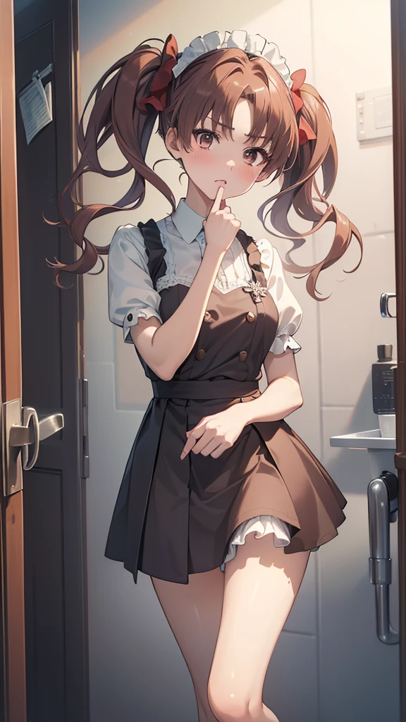 (highest quality, 8K, masterpiece, best image quality,  ultra hd, delicate and smooth skin, real looking skin, perfect and beautiful face ,perfect and cute face, high detail skin, perfect limbs、thin waist、thin legs)、NSFW、grumpy face、twin tails、brown hair、red ribbon、(Maid clothes)、locker room、